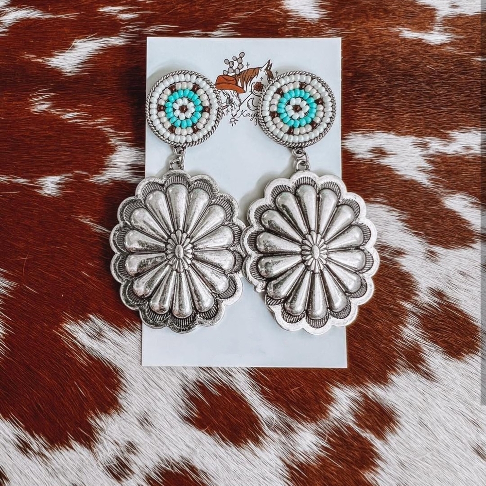 Turquoise beaded Concho Silver Earrings
